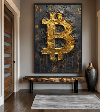 Bitcoin Black Gold Impasto Art Framed Canvas