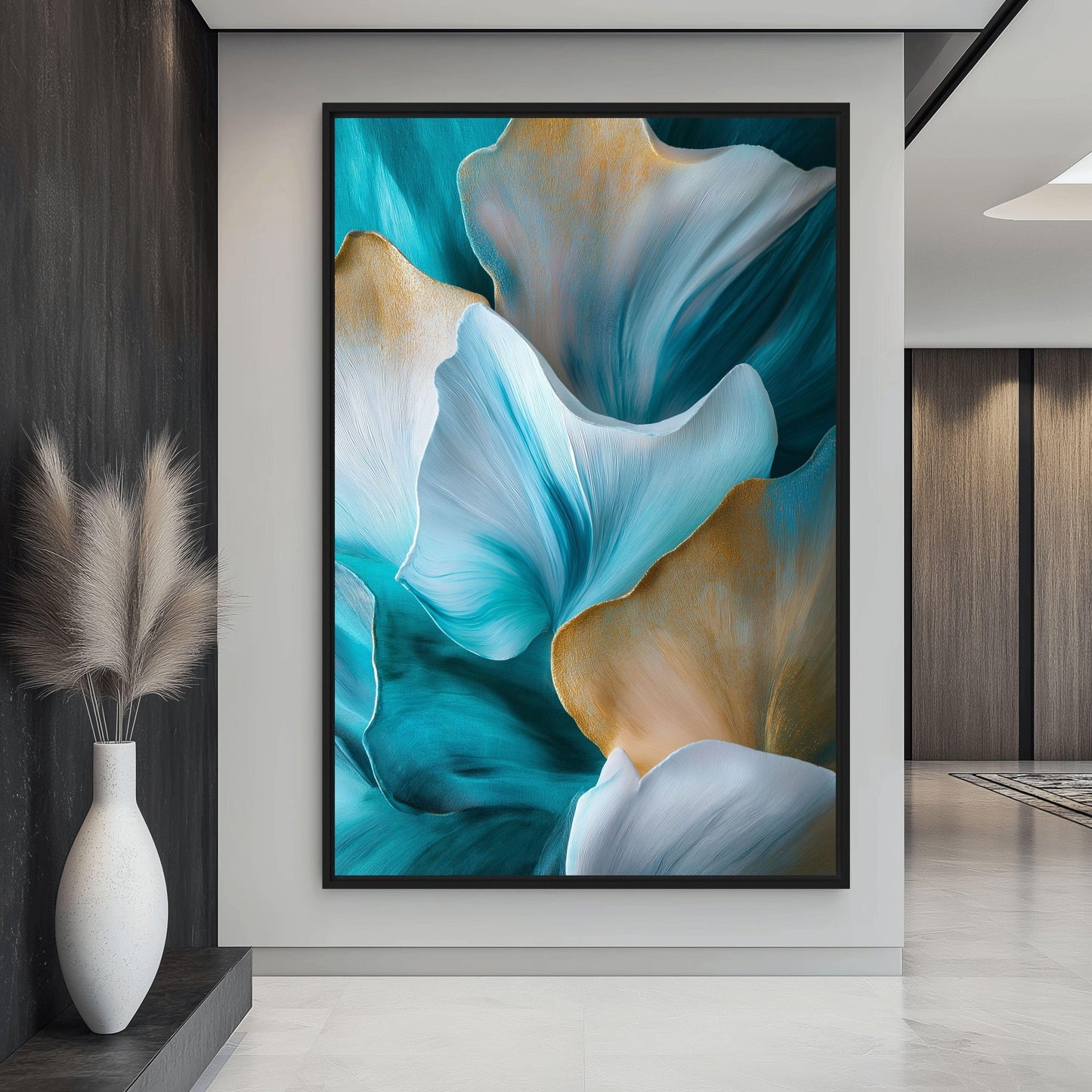Teal Abstract Floral Art Framed Canvas