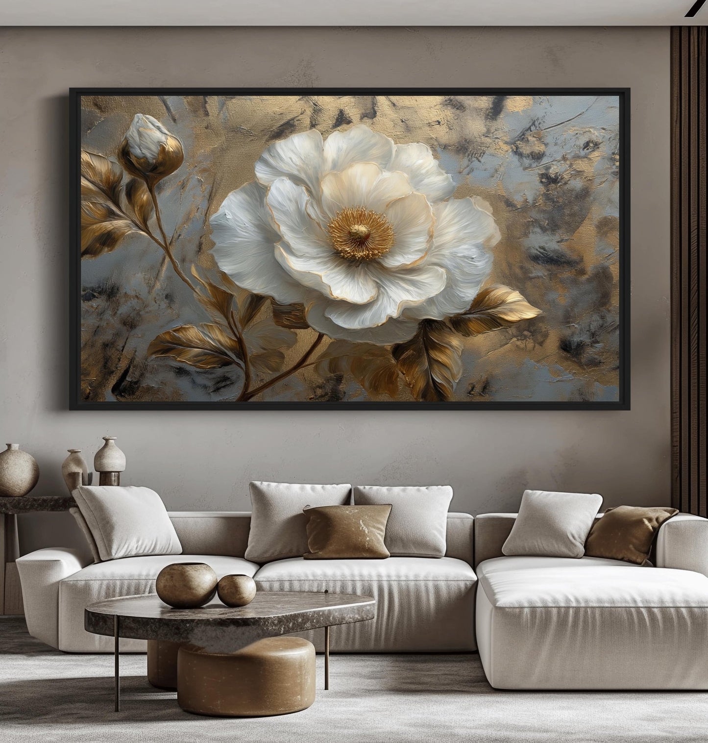 White and Gold Flowers Floral Art Digital Print