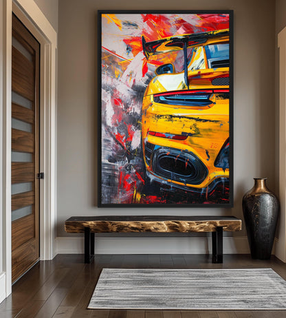 Yellow Sports Car Modern Art Framed Canvas