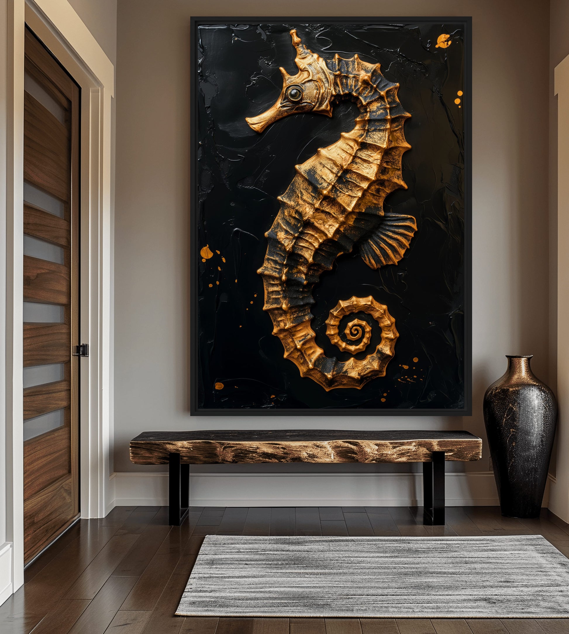Golden Sea Horse Nautical Art Framed Canvas - PaintFu