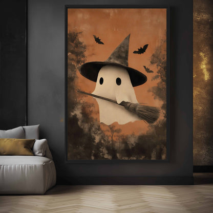Cute Ghost In A Witch Hat Canvas Print Detail | PaintFu