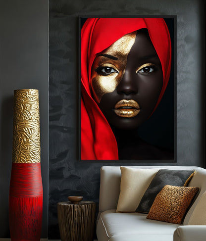 Black Woman In Red Scarf Modern Art Framed Canvas - PaintFu