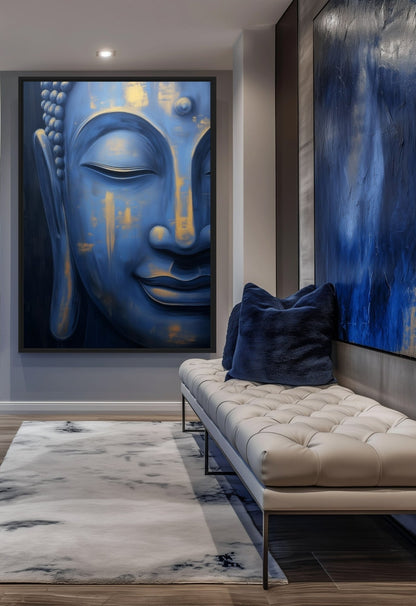 Blue Buddha Spiritual Art Framed Canvas - PaintFu