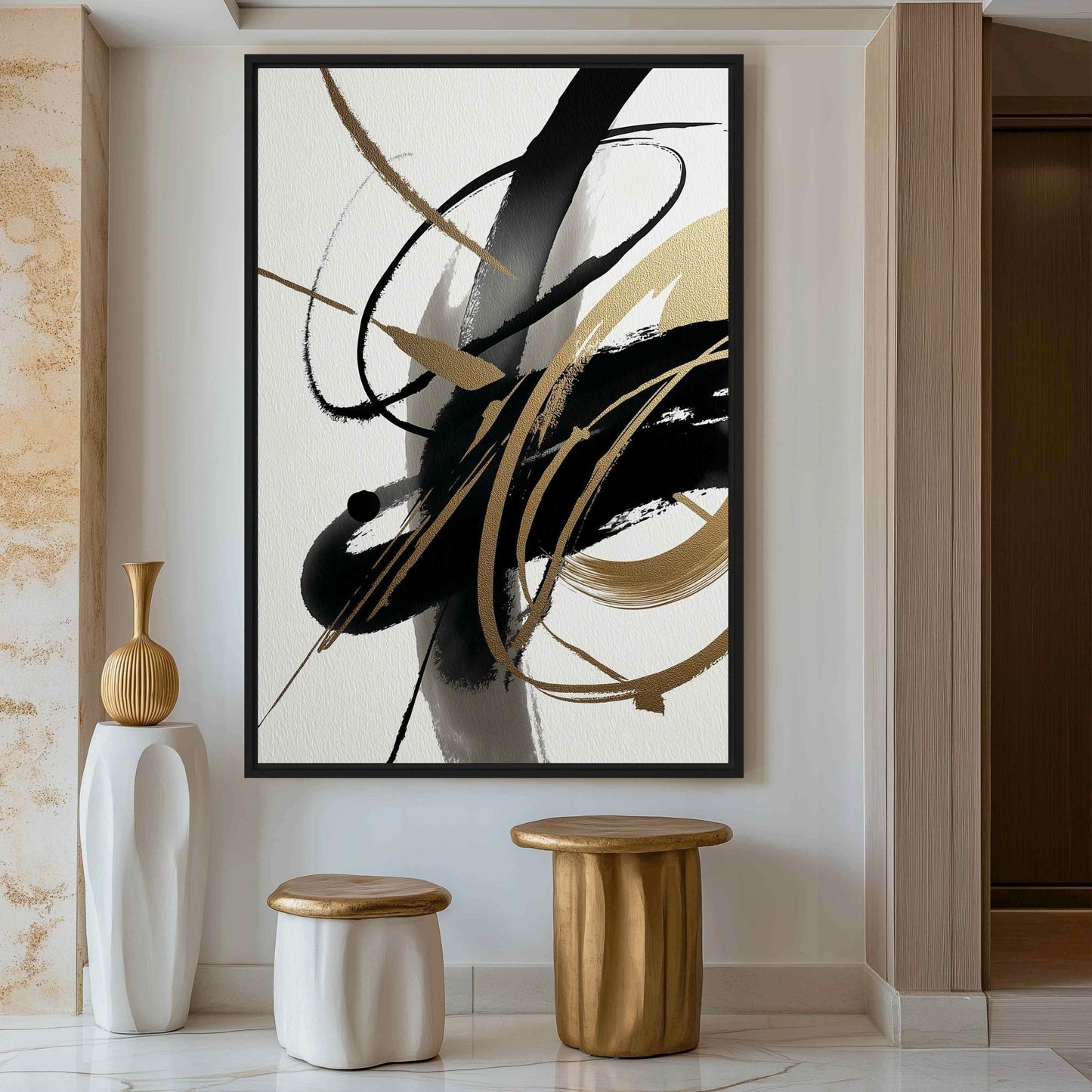 Black White Gold Abstract Art Framed Canvas