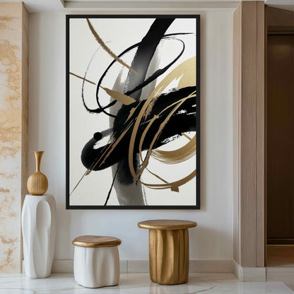 Black White Gold Abstract Art Framed Canvas - PaintFu