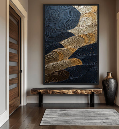 Dark Navy Gold Circles Impasto Art Framed Canvas