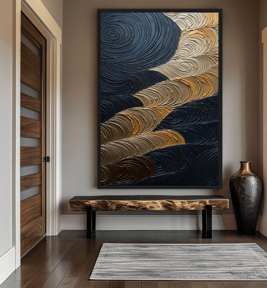Dark Navy Gold Circles Impasto Art Framed Canvas