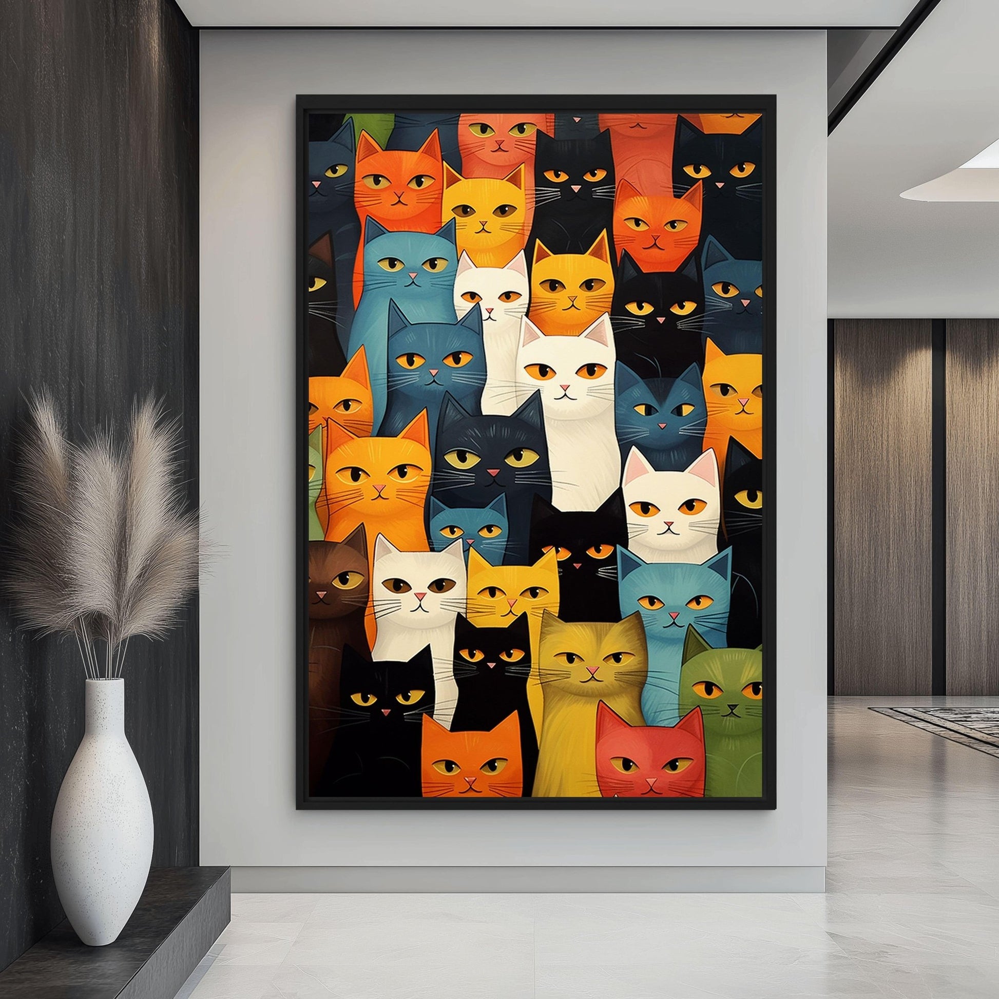 Cats Colorful Collage Famed Canvas