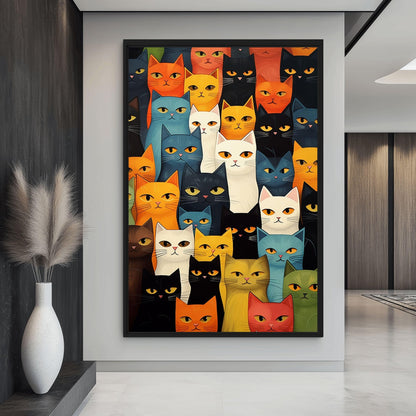 Cats Colorful Collage Famed Canvas