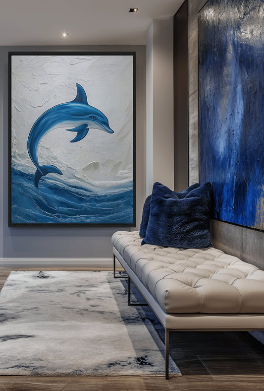 Blue Dolphin Nautical Art Framed Canvas - PaintFu