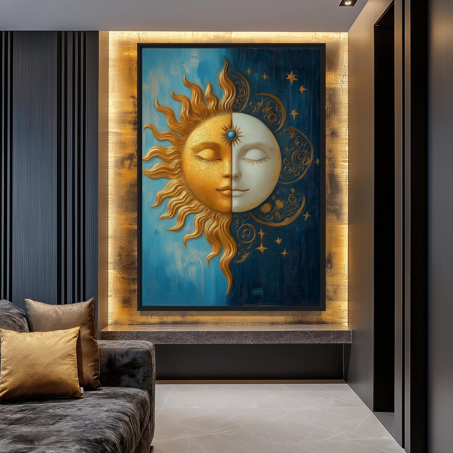 Sun and Moon Celestial Art Framed Canvas