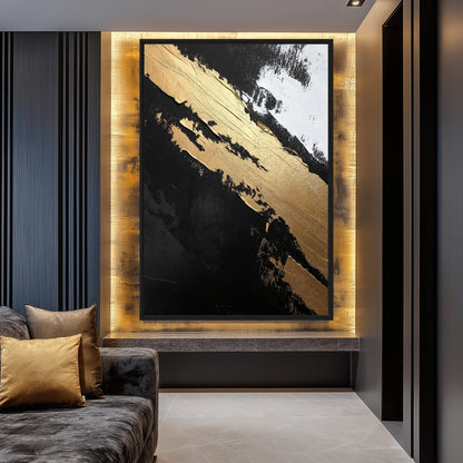 Black Gold White Abstract Art Framed Canvas