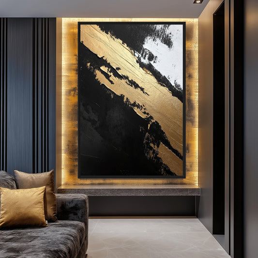 Black Gold White Abstract Art Framed Canvas