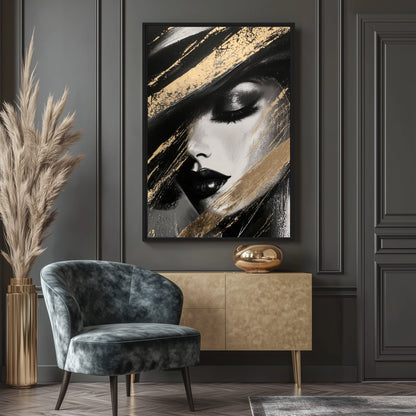 Woman In Hat Abstract Art Framed Canvas - PaintFu