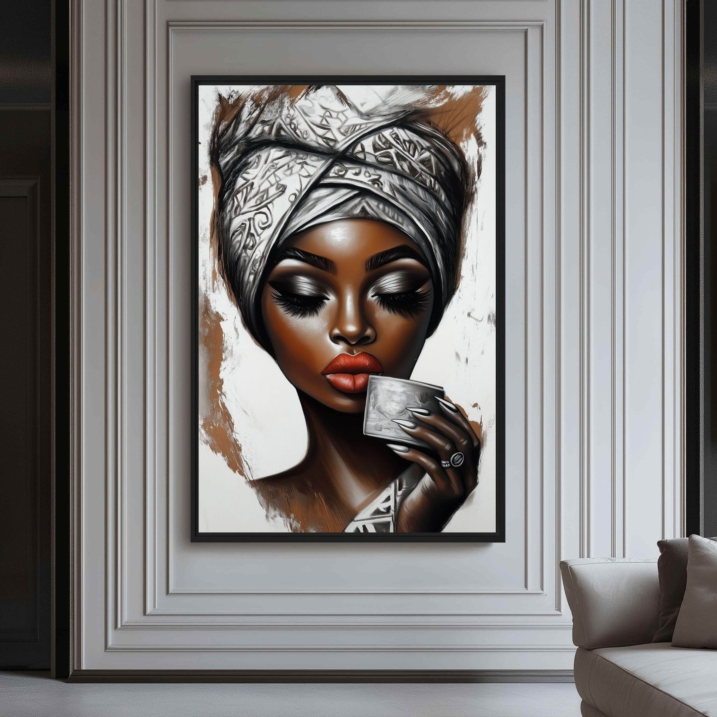 African Woman Drinking Coffee Framed Canvas