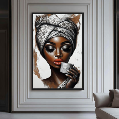 African Woman Drinking Coffee Framed Canvas - PaintFu