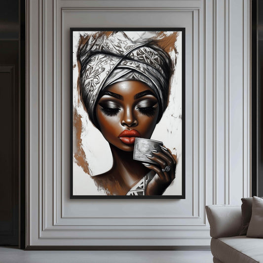 African Woman Drinking Coffee Framed Canvas