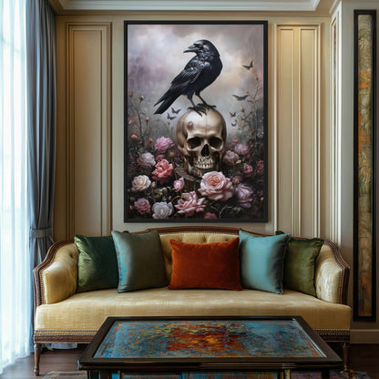 Raven & Skull Gothic Art Framed Canvas - PaintFu