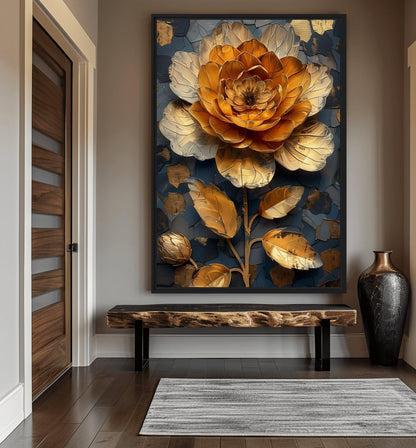 Golden Flower Floral Art Framed Canvas