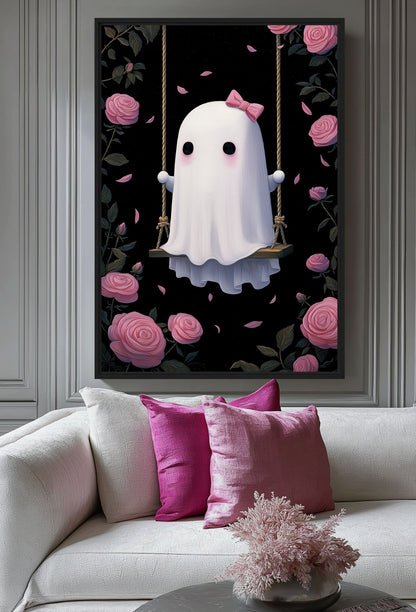 Cute Ghost On A Swing Canvas Print Detail | PaintFu