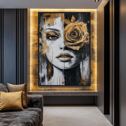 Woman Yellow Rose Flowerhead Framed Canvas