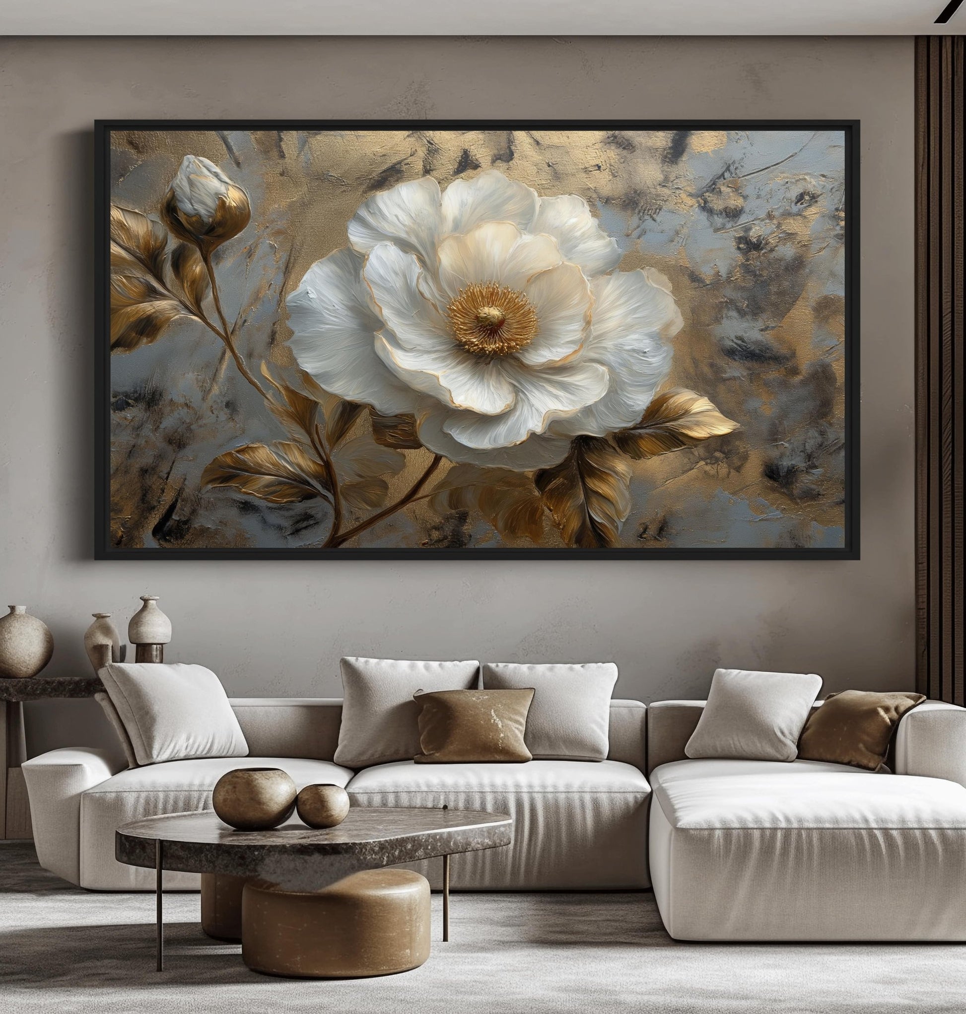 White and Gold Flowers Floral Art Framed Canvas