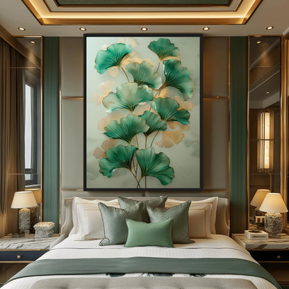 Green Ginkgo Leaves Covered In Gold Framed Canvas