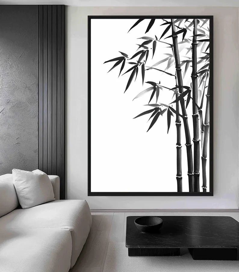 Minimalist Bamboo Ink Art Framed Canvas