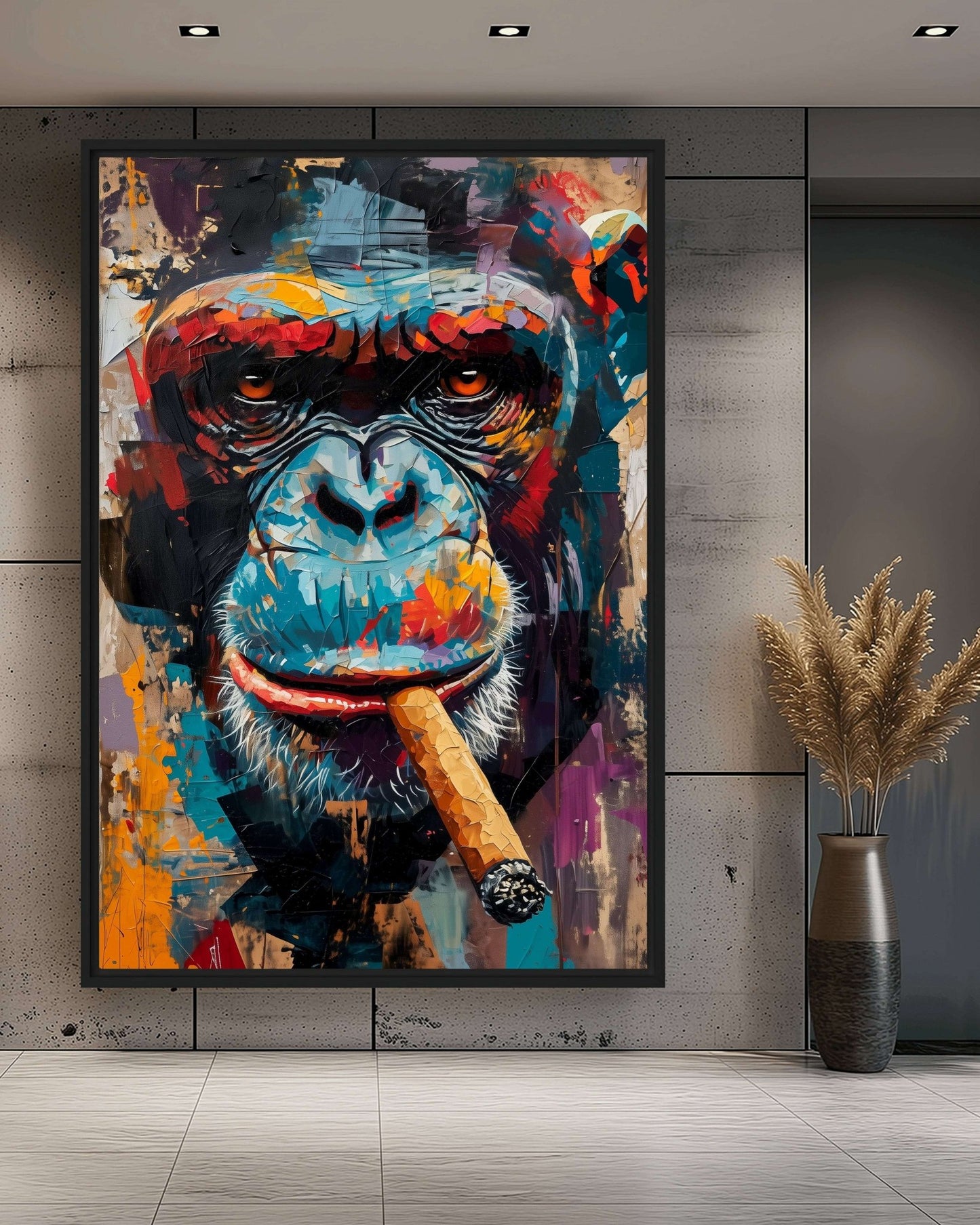 Monkey With Cigar Graffiti Art Framed Canvas