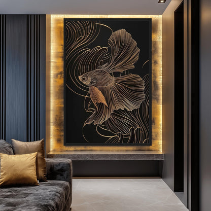 Gold Fish Line Art Framed Canvas