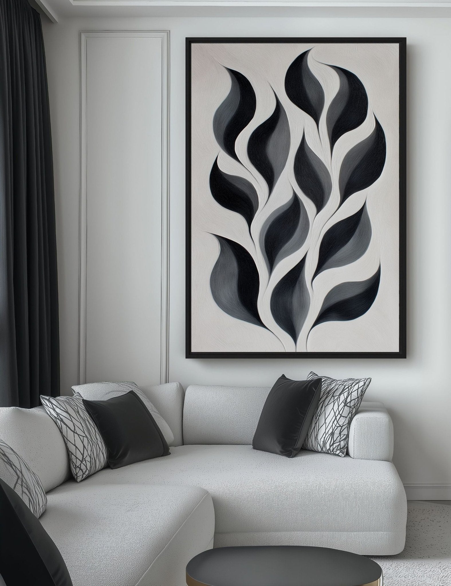 Monochrome Leaves Abstract Art Framed canvas - PaintFu