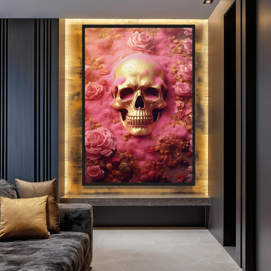 Skull In Pink Flowers Framed Canvas