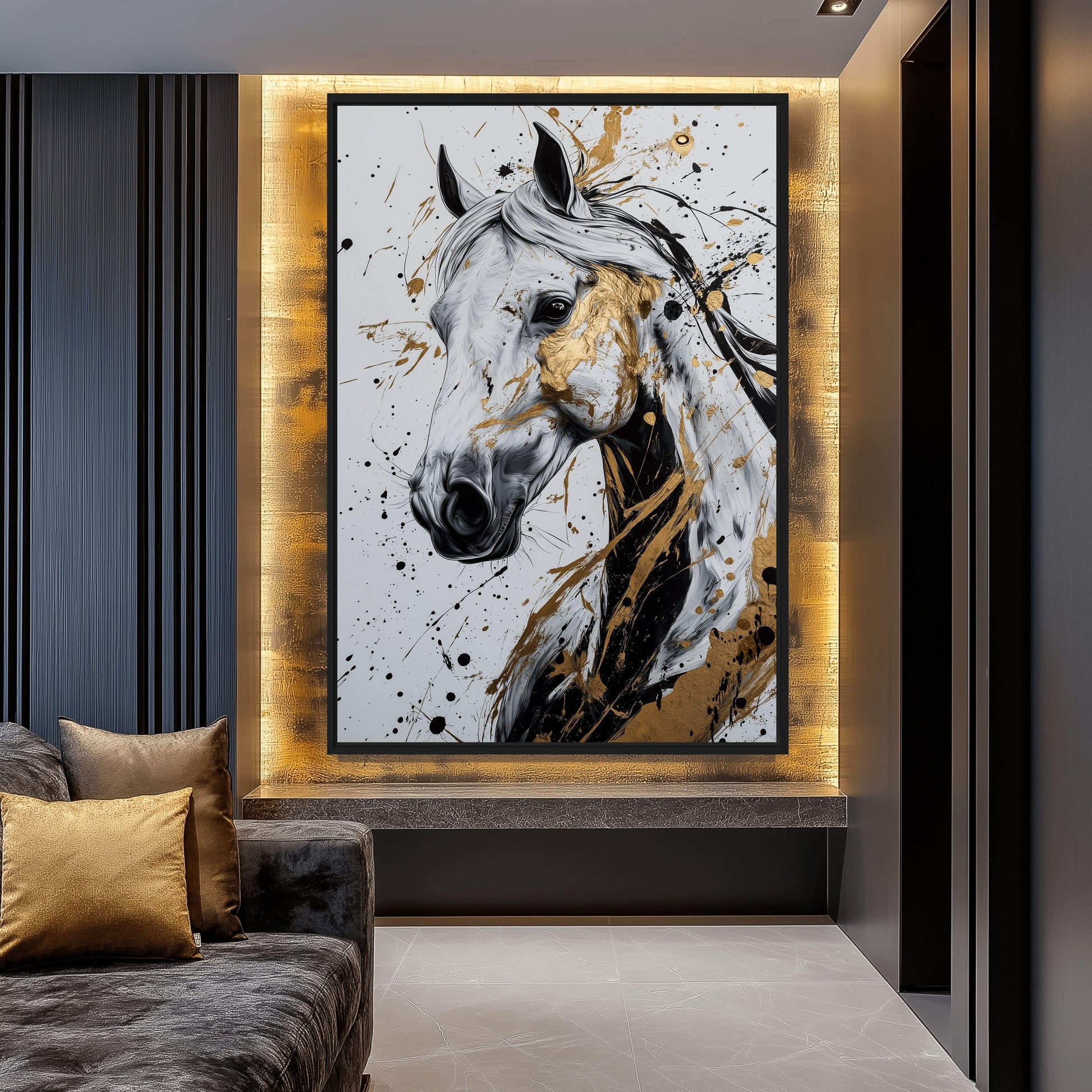 White Horse Abstract Art Framed Canvas - PaintFu