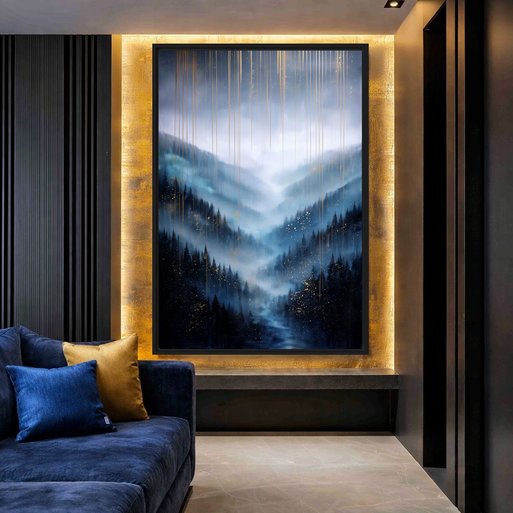 Blue Misty Forest Landscape Art Framed Canvas - PaintFu