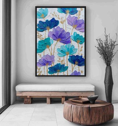Teal Purple Floral Art Framed Canvas - PaintFu