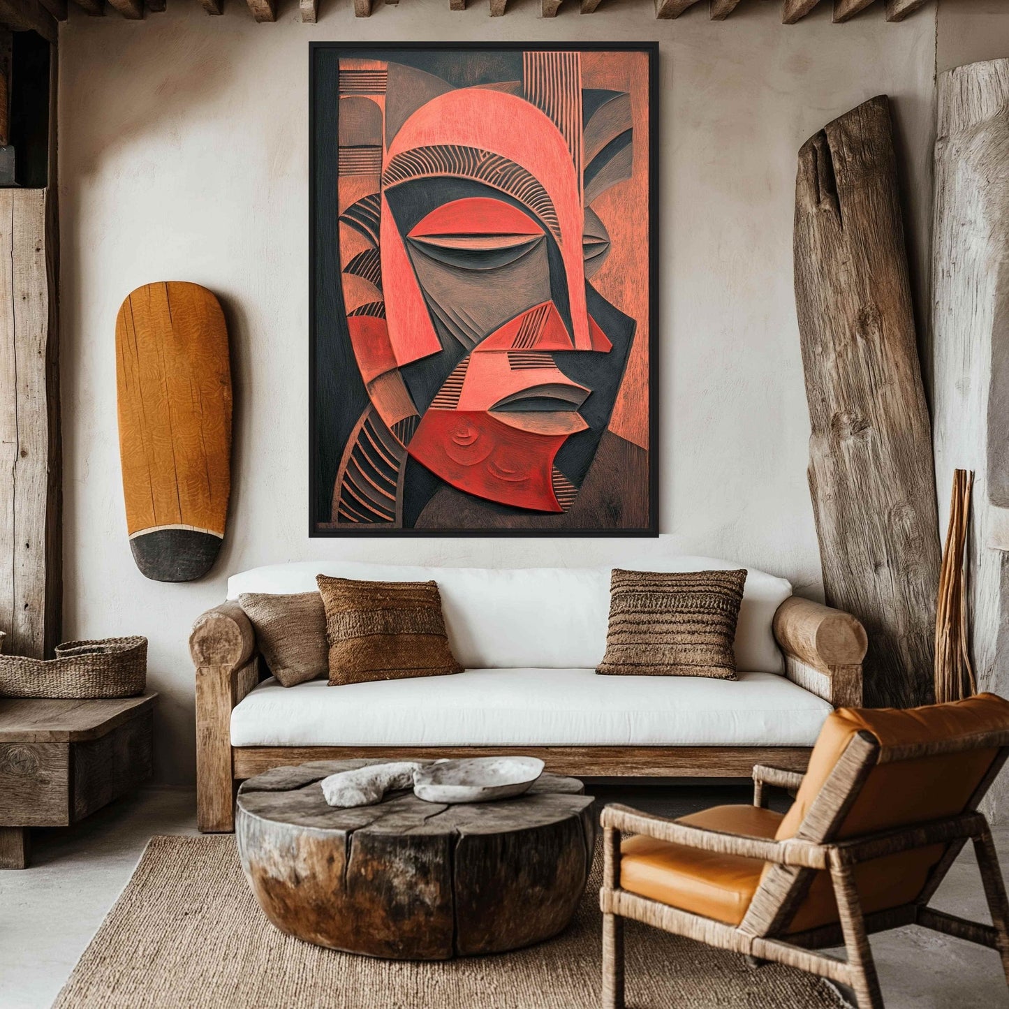 African Mask Folk Art Framed Canvas