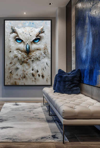 Blue Eyed White Owl Modern Art Framed Canvas