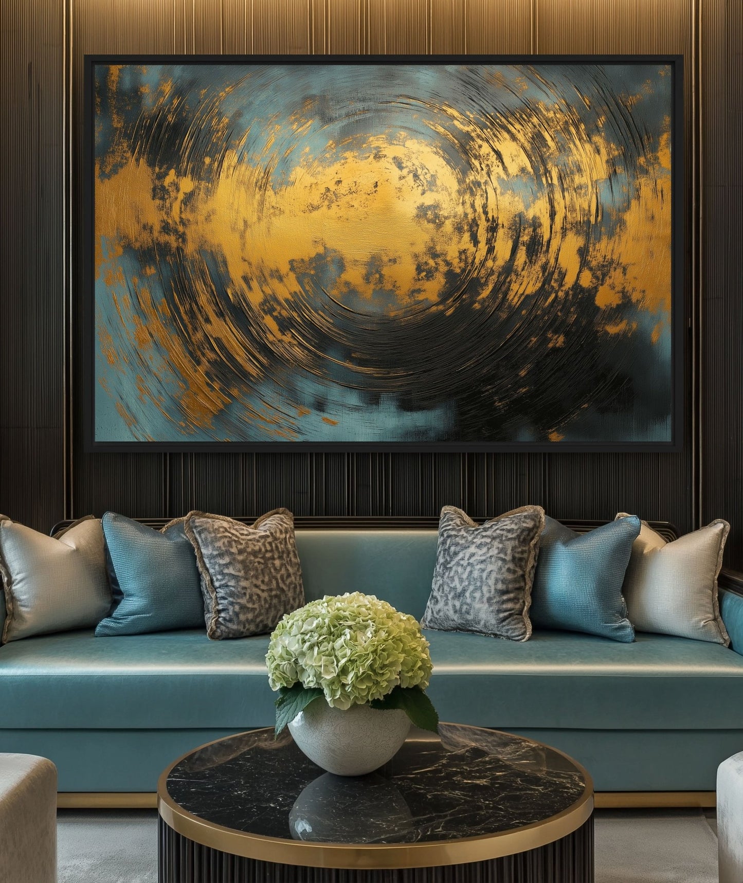 Teal & Gold Abstract Art Framed Canvas