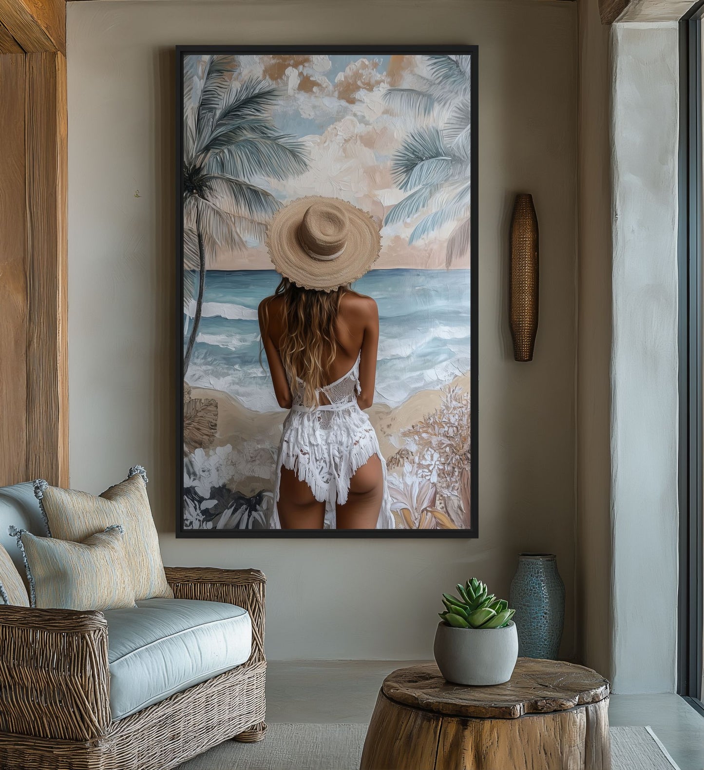 Woman In Summer Hat Beach Art Framed Canvas
