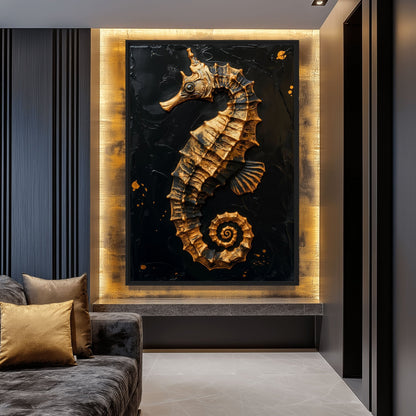 Golden Sea Horse Nautical Art Framed Canvas