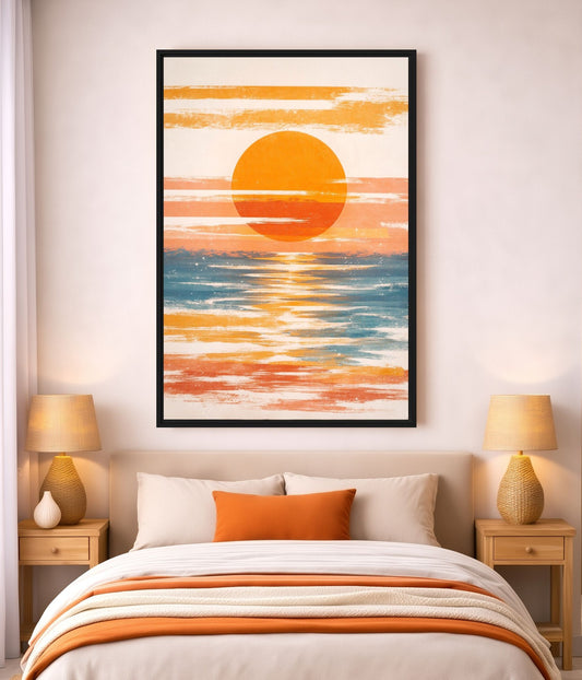Retro Ocean Sunset Art Framed canvas - PaintFu