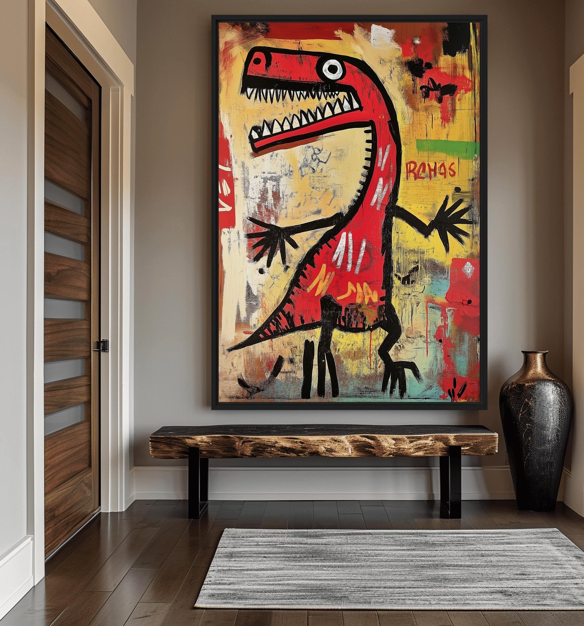 Dinosaur Basquiat Style Art Framed Canvas