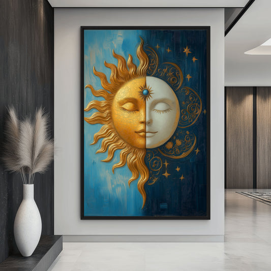 Sun and Moon Celestial Art Framed Canvas
