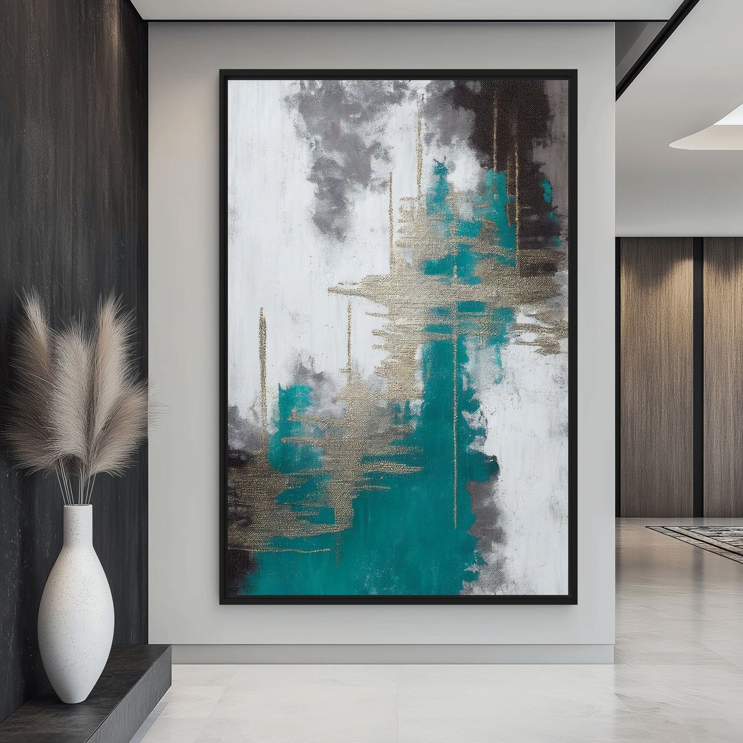 Teal White Grey Silver Modern Art Digital Print