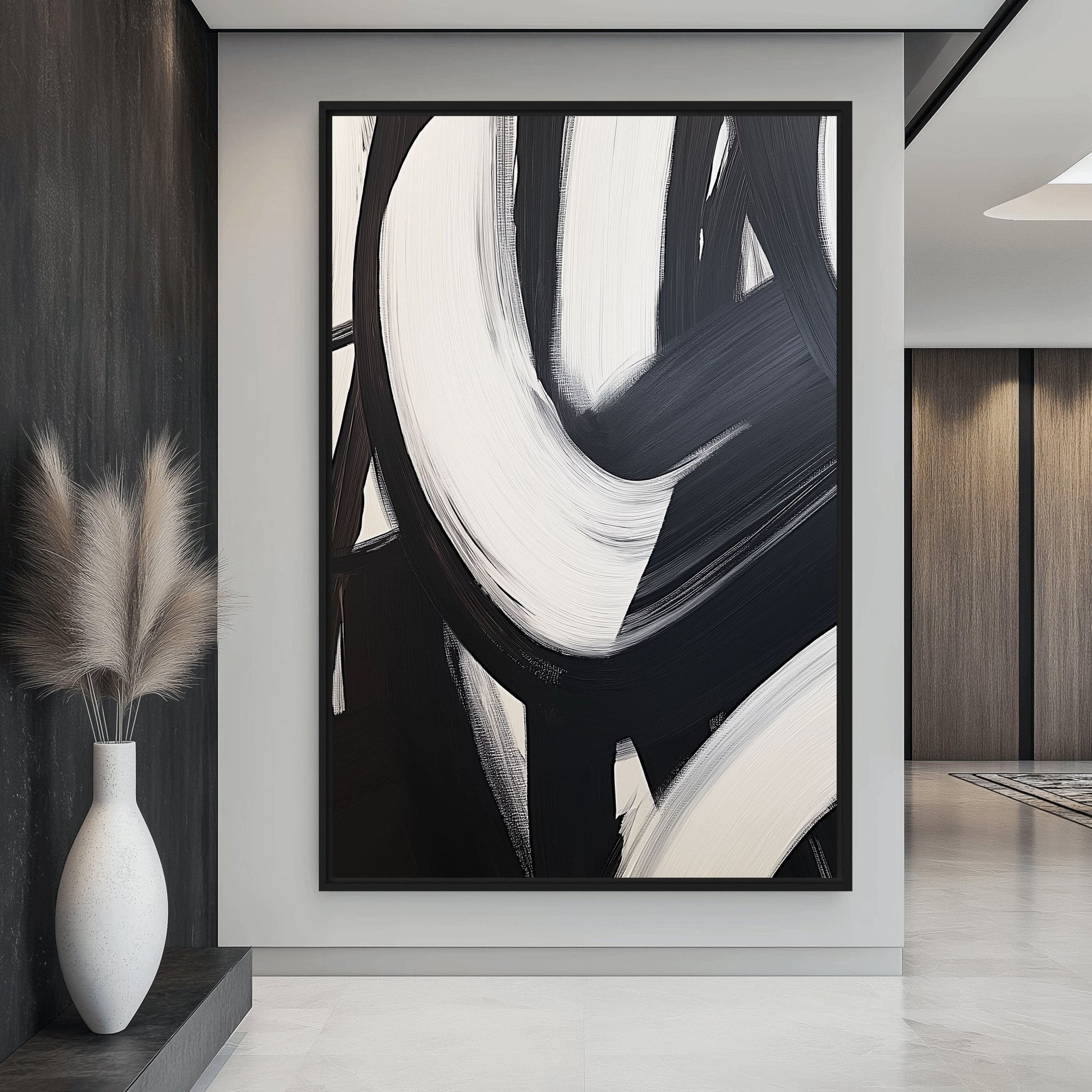 Black White Brushstroke Abstract Art Framed Canvas