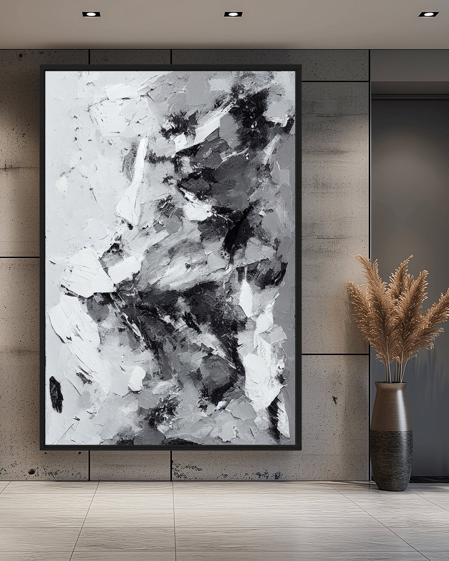 Grey White Black Modern Art Framed Canvas