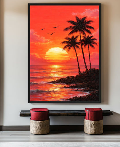 Palm Tree Sunset Coastal Art Framed canvas - PaintFu
