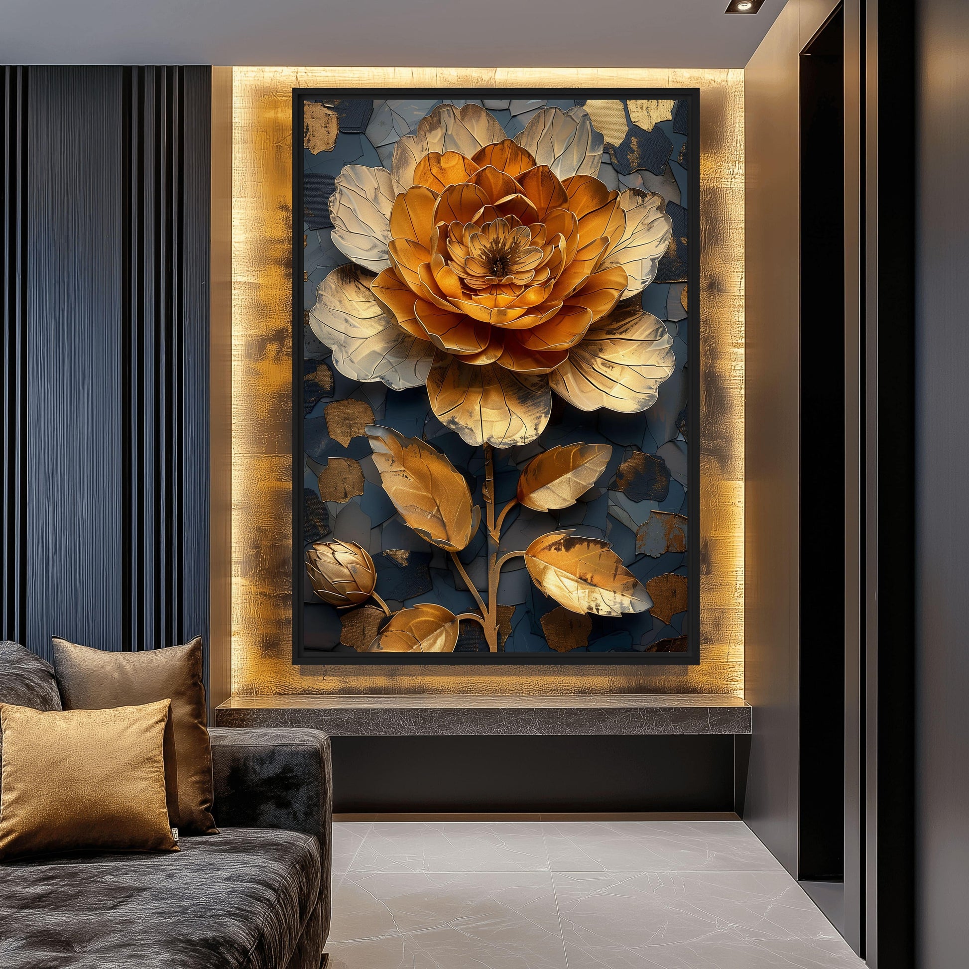 Golden Flower Floral Art Framed Canvas - PaintFu
