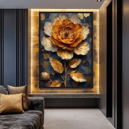 Golden Flower Floral Art Framed Canvas